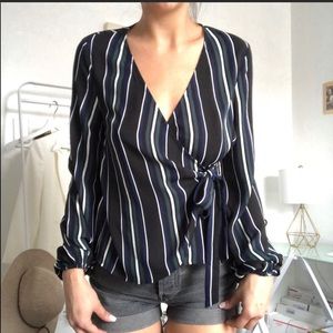 EXPRESS black green Striped Faux Wrap Shirt XS